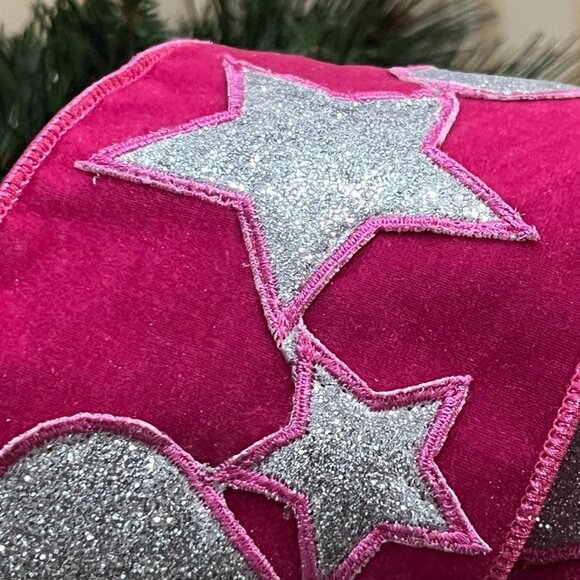 4 inch Hot Pink Velvet with Hearts and Stars Wired Edge Ribbon Holiday Crafts - Picture 5 of 9